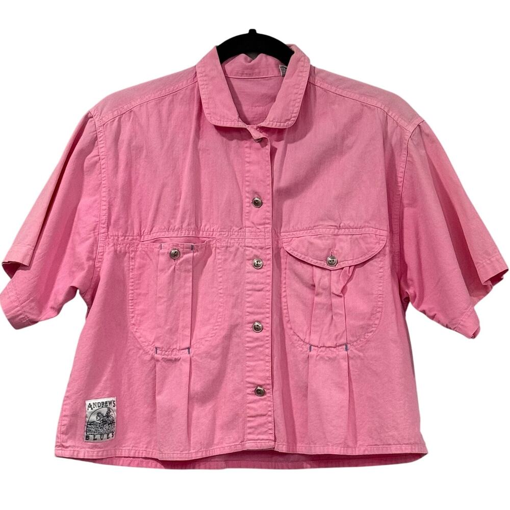Vintage 90s Andrews Blues Pink Utility Shirt Cotton Womens L Short Sleeve Cargo
